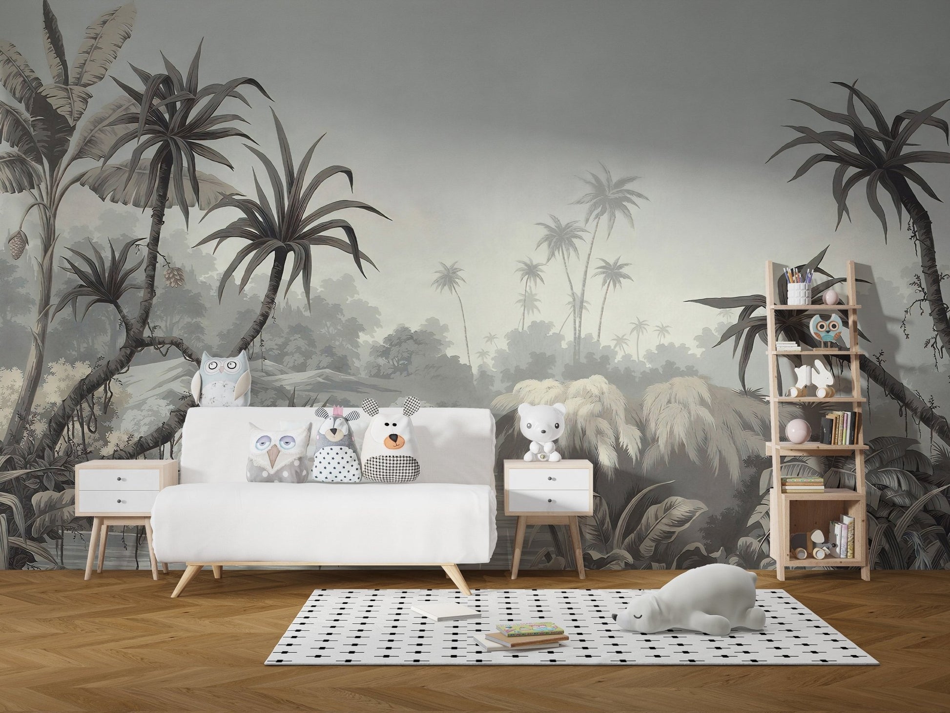 Vibrant palm field mural in kids playroom with white toys.