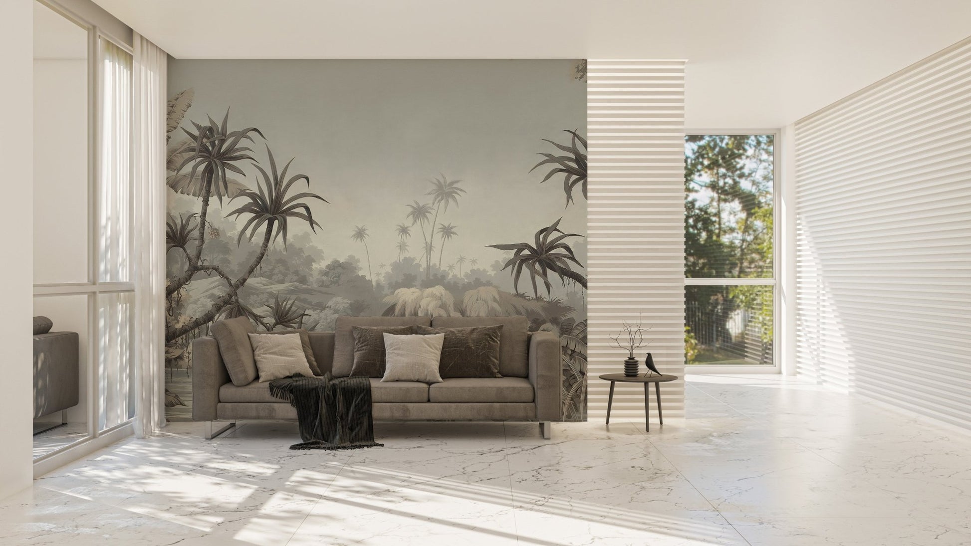 Tropical fields palm wall mural in sunlit living room.