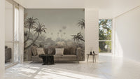 Tropical fields palm wall mural in sunlit living room.