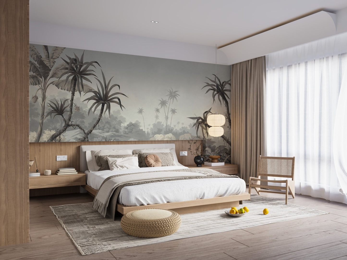 Soft grey tropical wall mural in a bedroom behind a large bed.