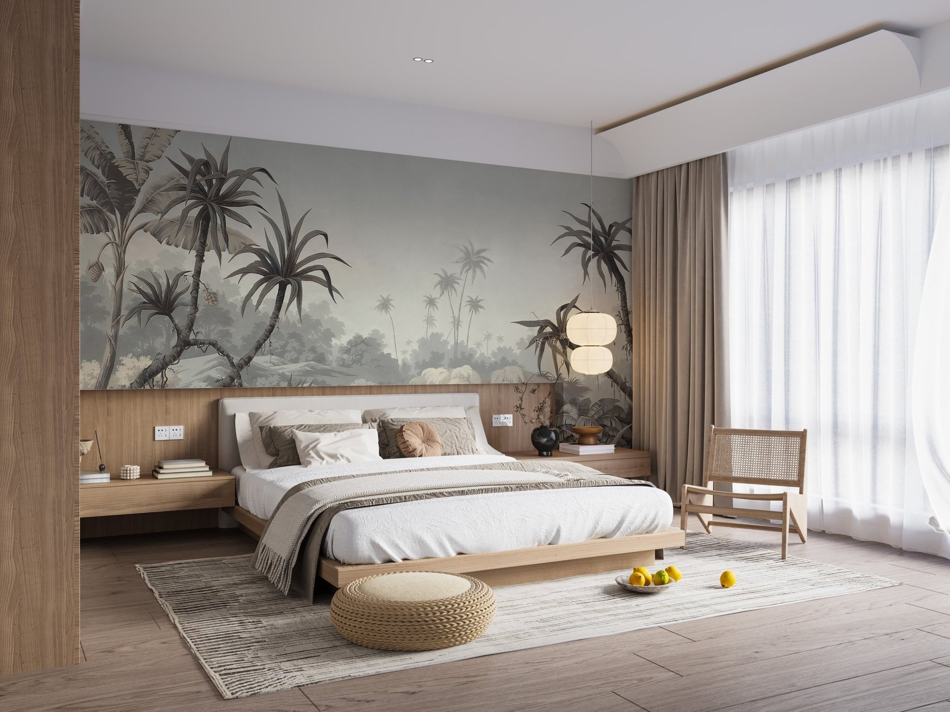 Soft grey tropical wall mural in a bedroom behind a large bed.