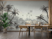 Exotic tropical palms wall mural in modern dining area.