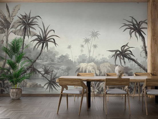 Exotic tropical palms wall mural in modern dining area.