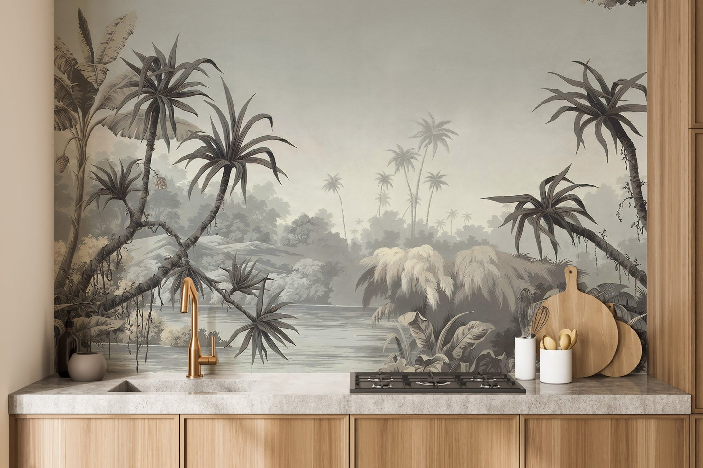 Tropical nature palm wall mural in a kitchen area.