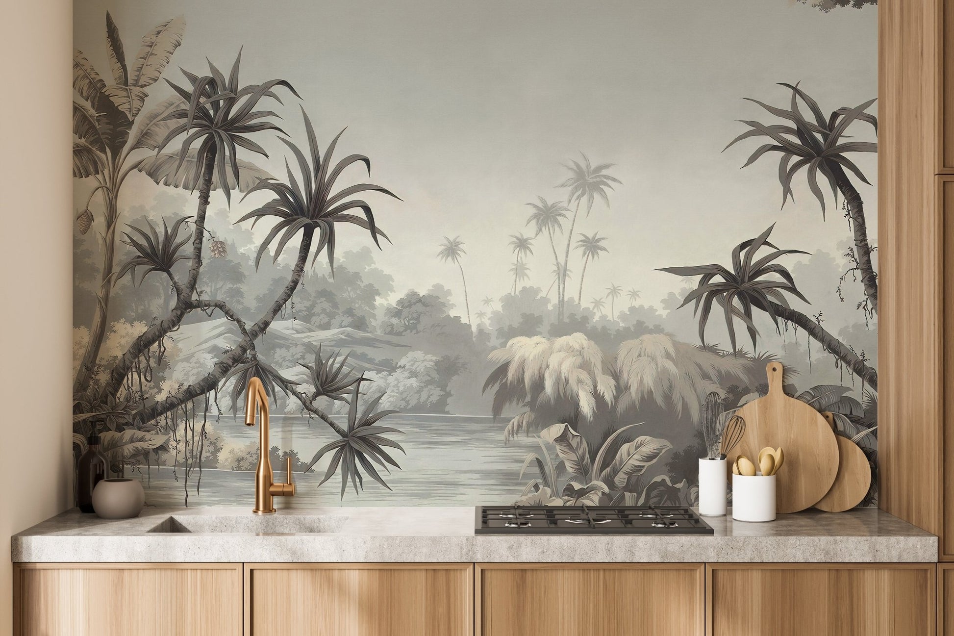 Tropical nature palm wall mural in a kitchen area.