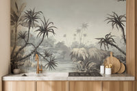 Tropical nature palm wall mural in a kitchen area.