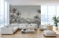 Lush tropical fields wall mural in open living room.
