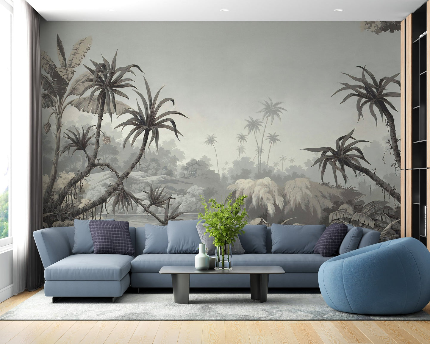 Tropical Fields and Palms Wall Mural in a living room with a blue sectional sofa.