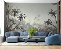 Tropical Fields and Palms Wall Mural in a living room with a blue sectional sofa.
