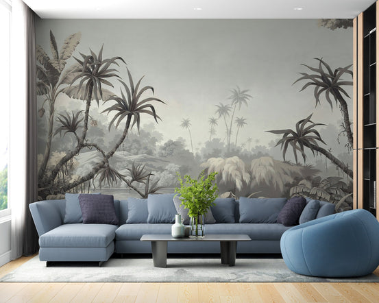 Tropical Fields and Palms Wall Mural in a living room with a blue sectional sofa.