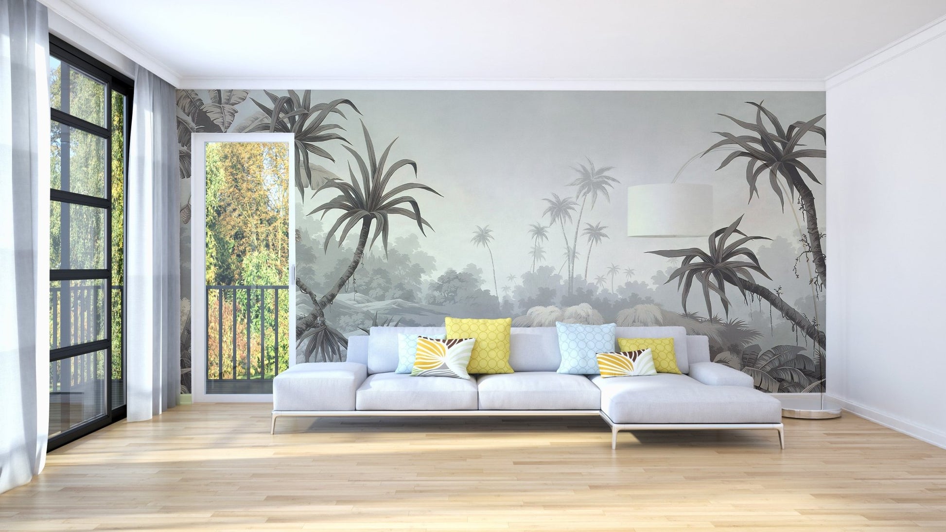 Grey palm tree wall mural in a white living room with a large sectional sofa.