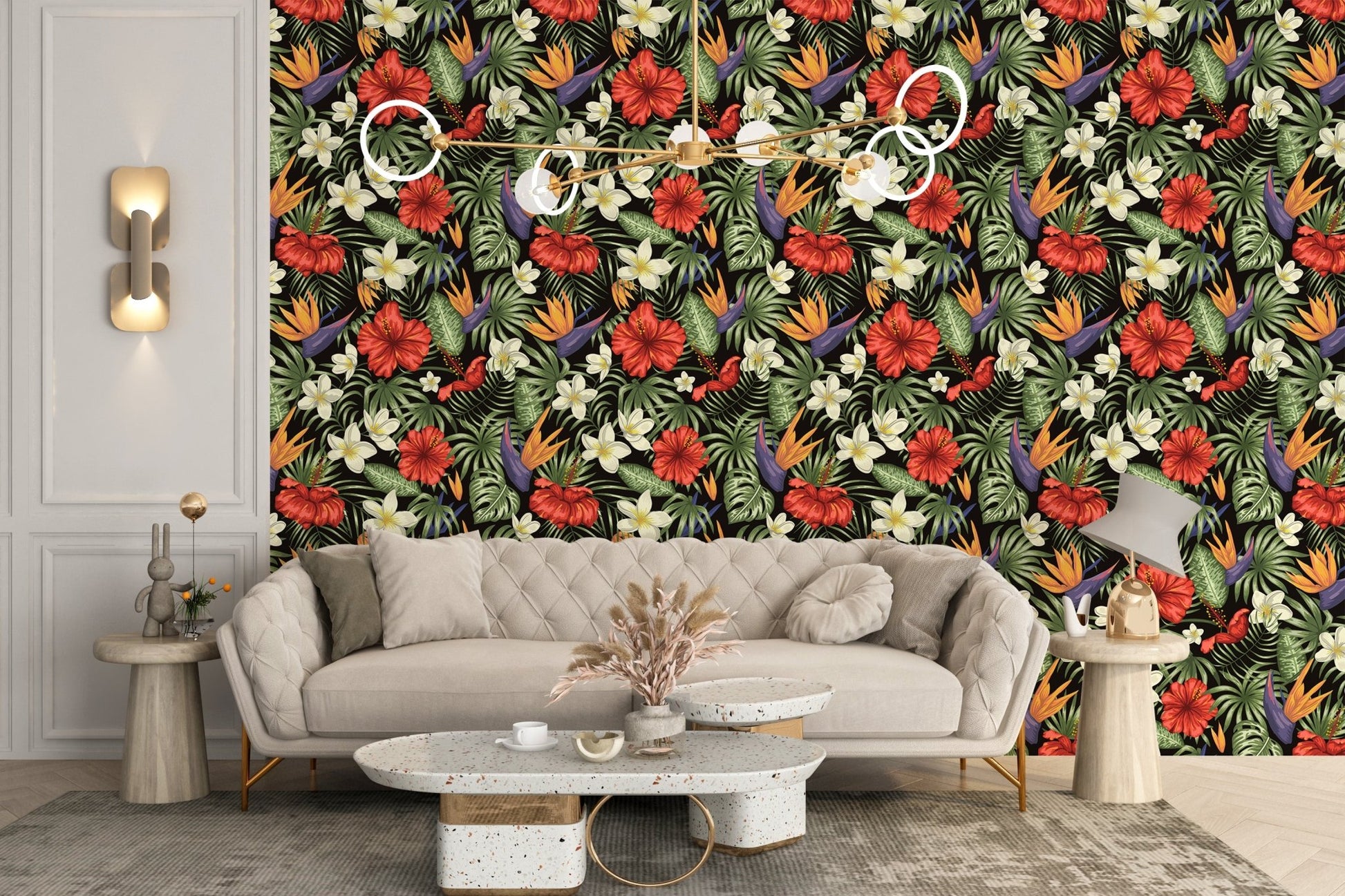 Tropical mural featuring flowers and leaves

