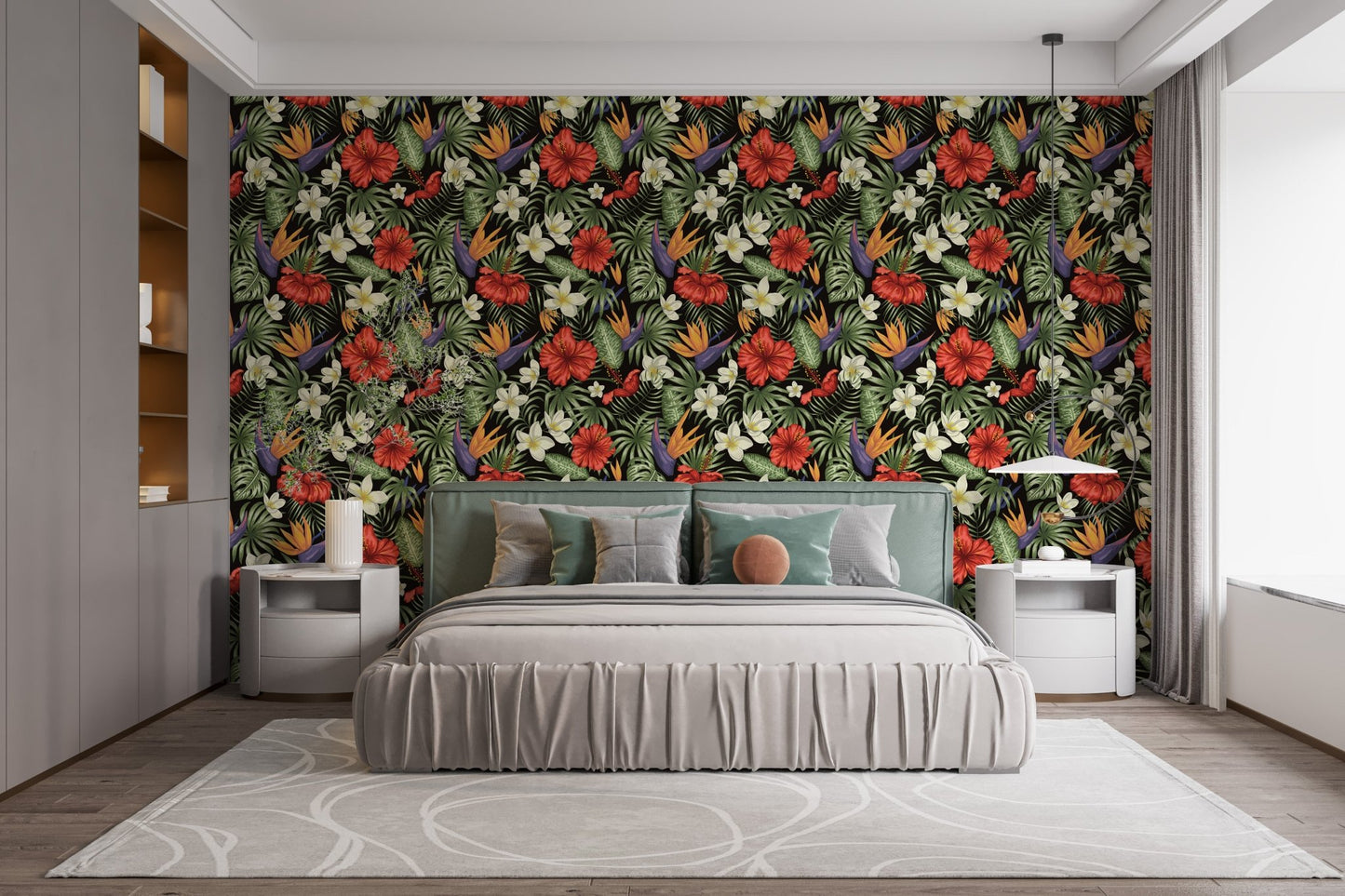 Tropical-themed mural with flowers and leaves



