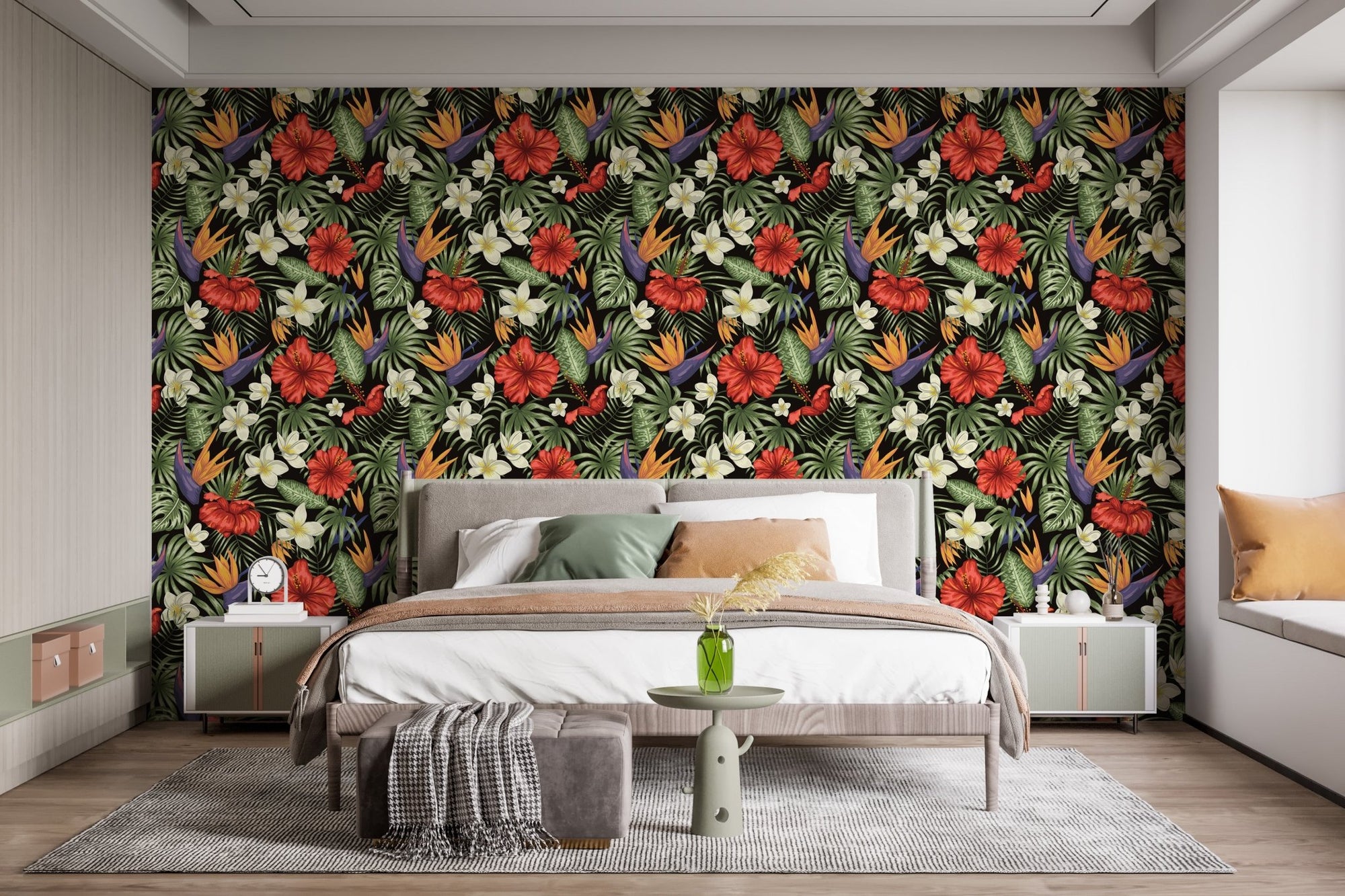 Tropical Flowers and Leaves Wallpaper in a modern bedroom setting.