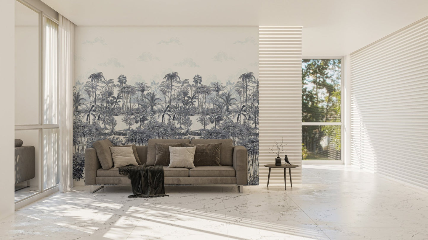 Large blue palm tree wall mural in a bright open plan living area.
