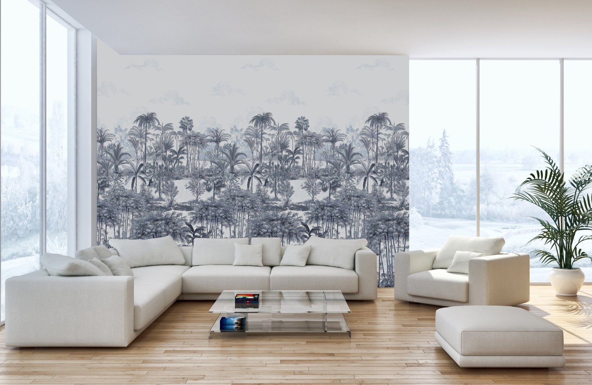 Blue and grey tropical forest wall mural used as a living space backdrop. 