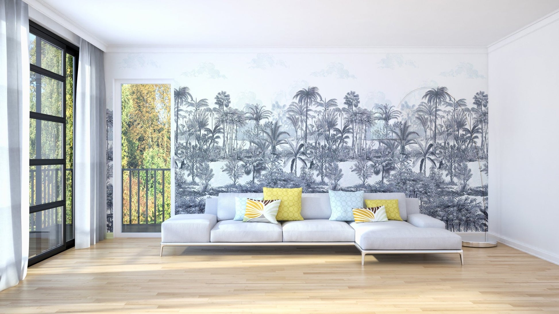 Monochrome forest wall mural in a minimalist room with natural light.