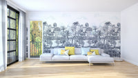 Monochrome forest wall mural in a minimalist room with natural light.