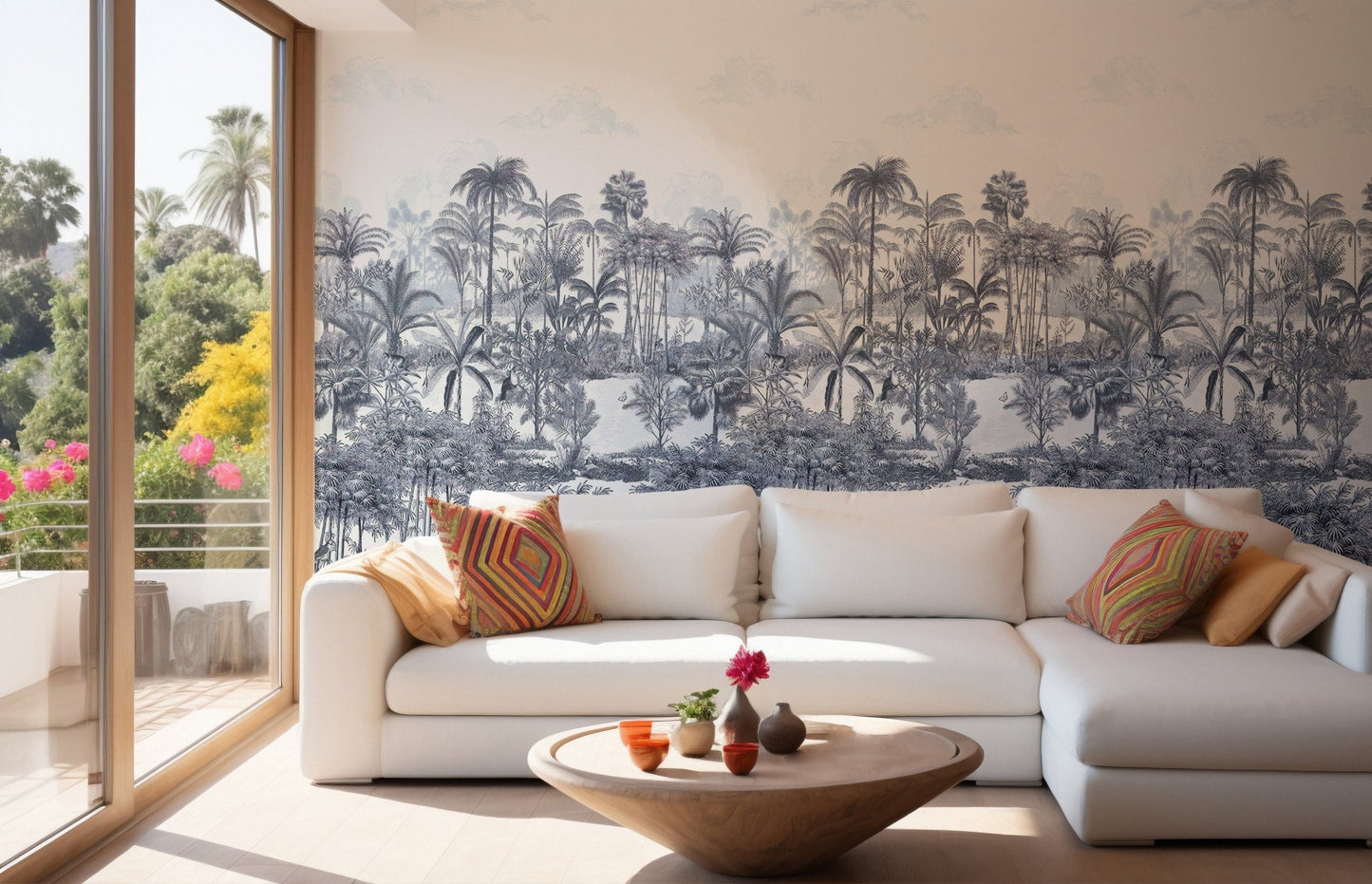 Vintage style tropical wall mural behind a white sectional sofa in living room.