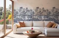 Vintage style tropical wall mural behind a white sectional sofa in living room.