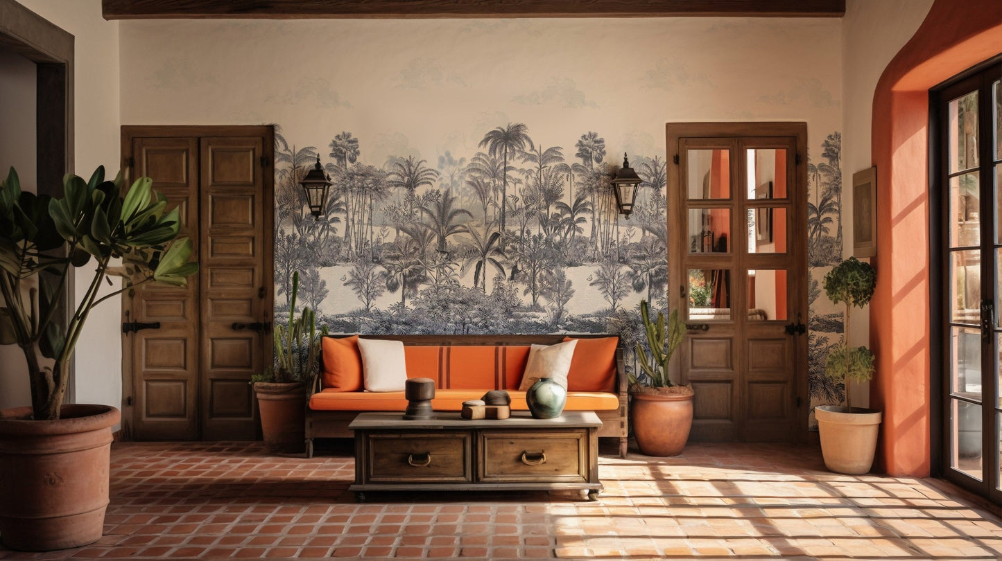 Etched palm forest wall mural in a rustic room with terracotta tones.