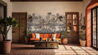 Etched palm forest wall mural in a rustic room with terracotta tones.