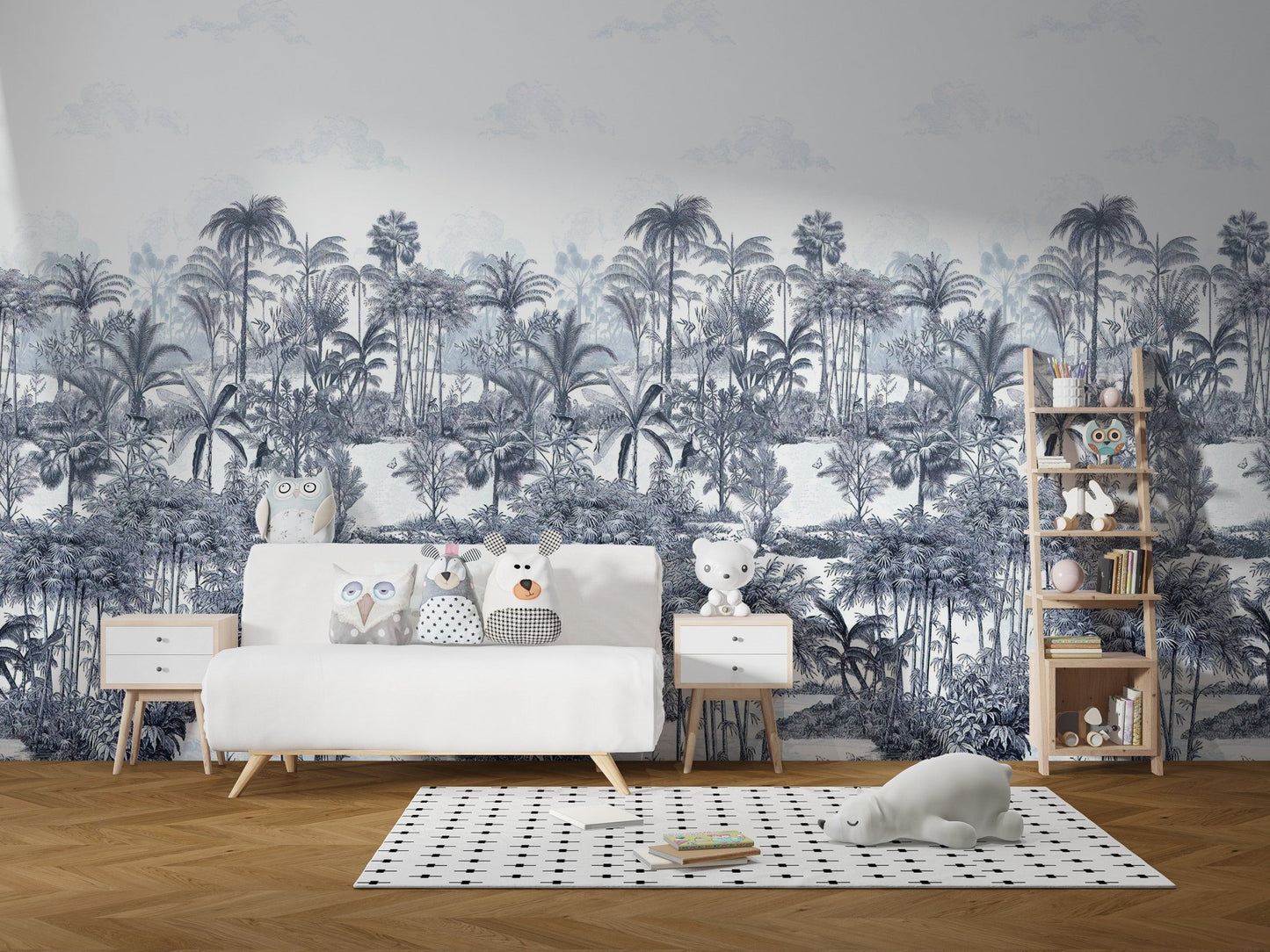 Tropical Forest Blue Wall mural with white sofa in kids area.