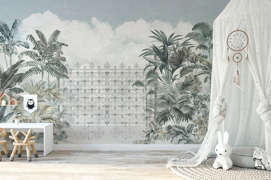 Tropical forest gate mural featuring an ornate iron gate and palm trees.