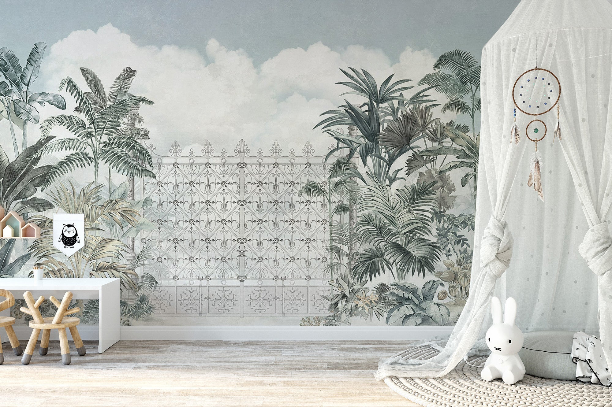 Tropical forest gate mural featuring an ornate iron gate and palm trees.