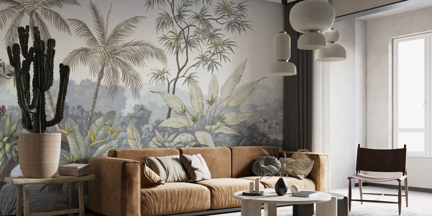 Tan leather couch against a Tropical Forest Jungle Botanical Wall mural.