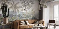 Tan leather couch against a Tropical Forest Jungle Botanical Wall mural.