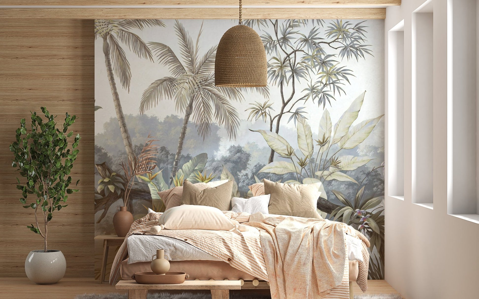 Rustic bedroom with wooden wall panels and a tropical palm mural.