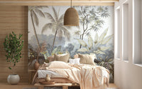 Rustic bedroom with wooden wall panels and a tropical palm mural.