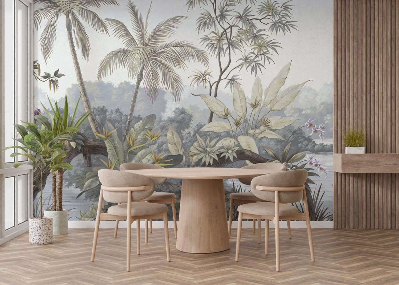 Tropical Forest Jungle Botanical Wall Mural in a dining area with wooden table.