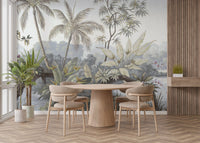 Tropical Forest Jungle Botanical Wall Mural in a dining area with wooden table.