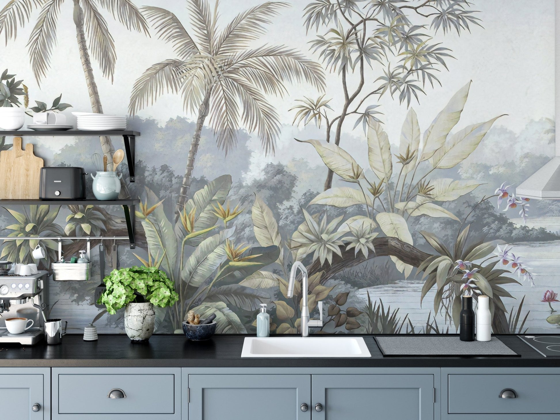 Kitchen area featuring a jungle botanical wall mural above a dark countertop.


