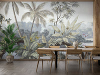Modern dining room featuring a grey-toned jungle wall mural and wooden chairs.