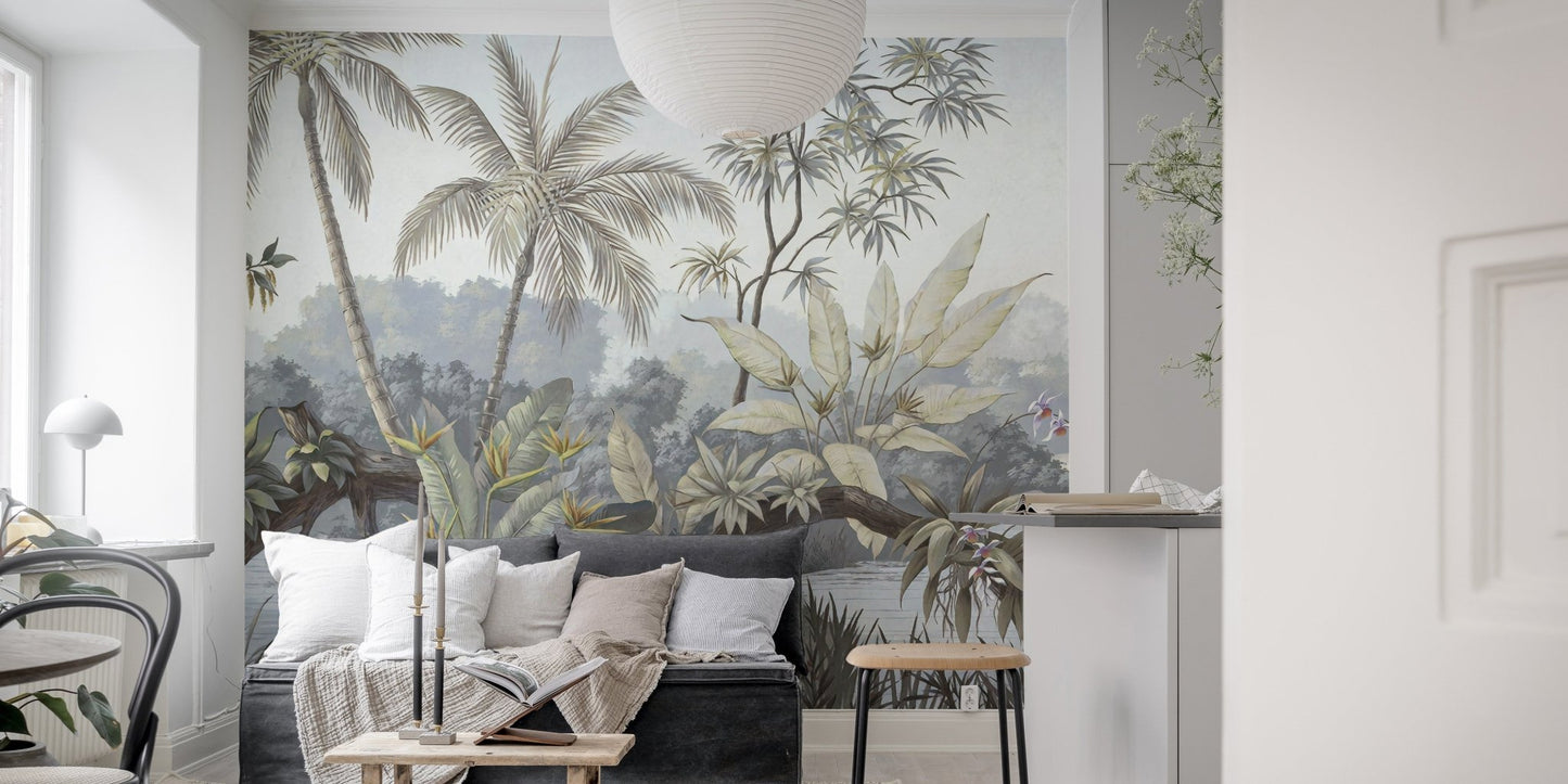 Minimalist living space with a grey vintage jungle wall mural and white sofa.