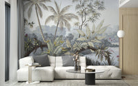 Contemporary living with a white modular sofa and jungle leaf wall mural.