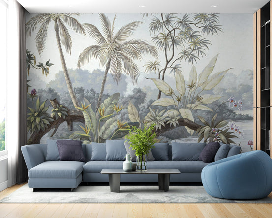 Blue sectional sofa paired with a Tropical Forest Jungle Botanical Wall Mural.