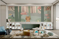 Wall mural with toucan and tropical tree illustrations for modern nursery.