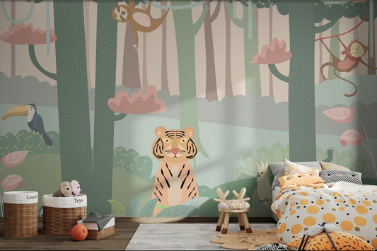 Tropical Forest Wall mural with green trees and a tiger in kids bedoom.