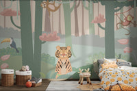 Tropical Forest Wall mural with green trees and a tiger in kids bedoom.
