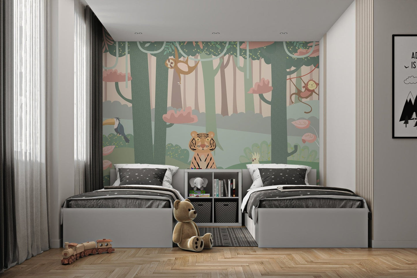 Fun forest scene with cute cartoon animals mural in twin bedroom.