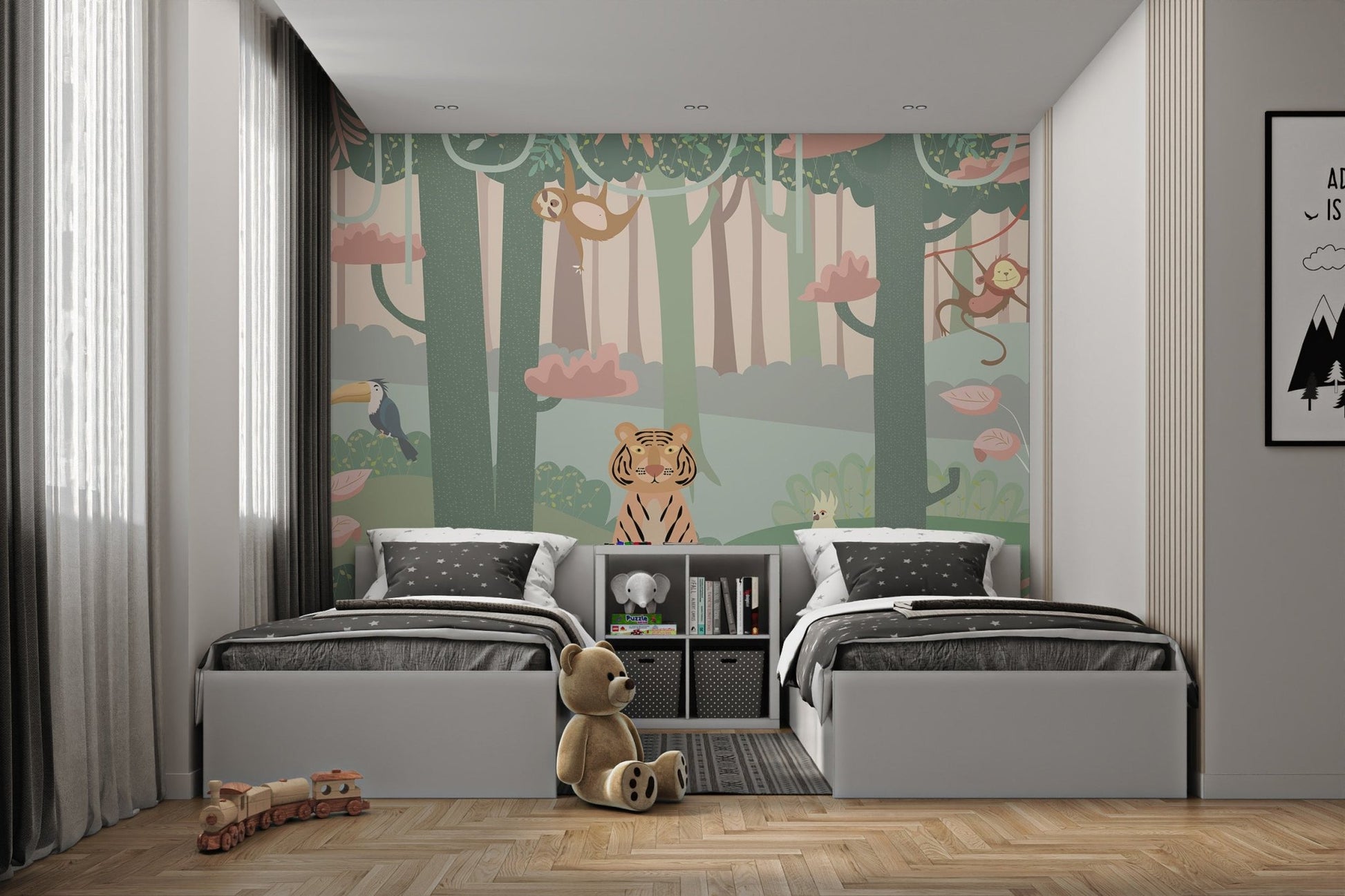 Fun forest scene with cute cartoon animals mural in twin bedroom.