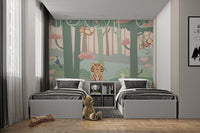 Fun forest scene with cute cartoon animals mural in twin bedroom.