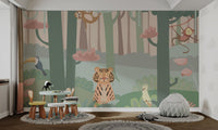 Hand-drawn style jungle animal wall mural with tiger and birds in kids room.