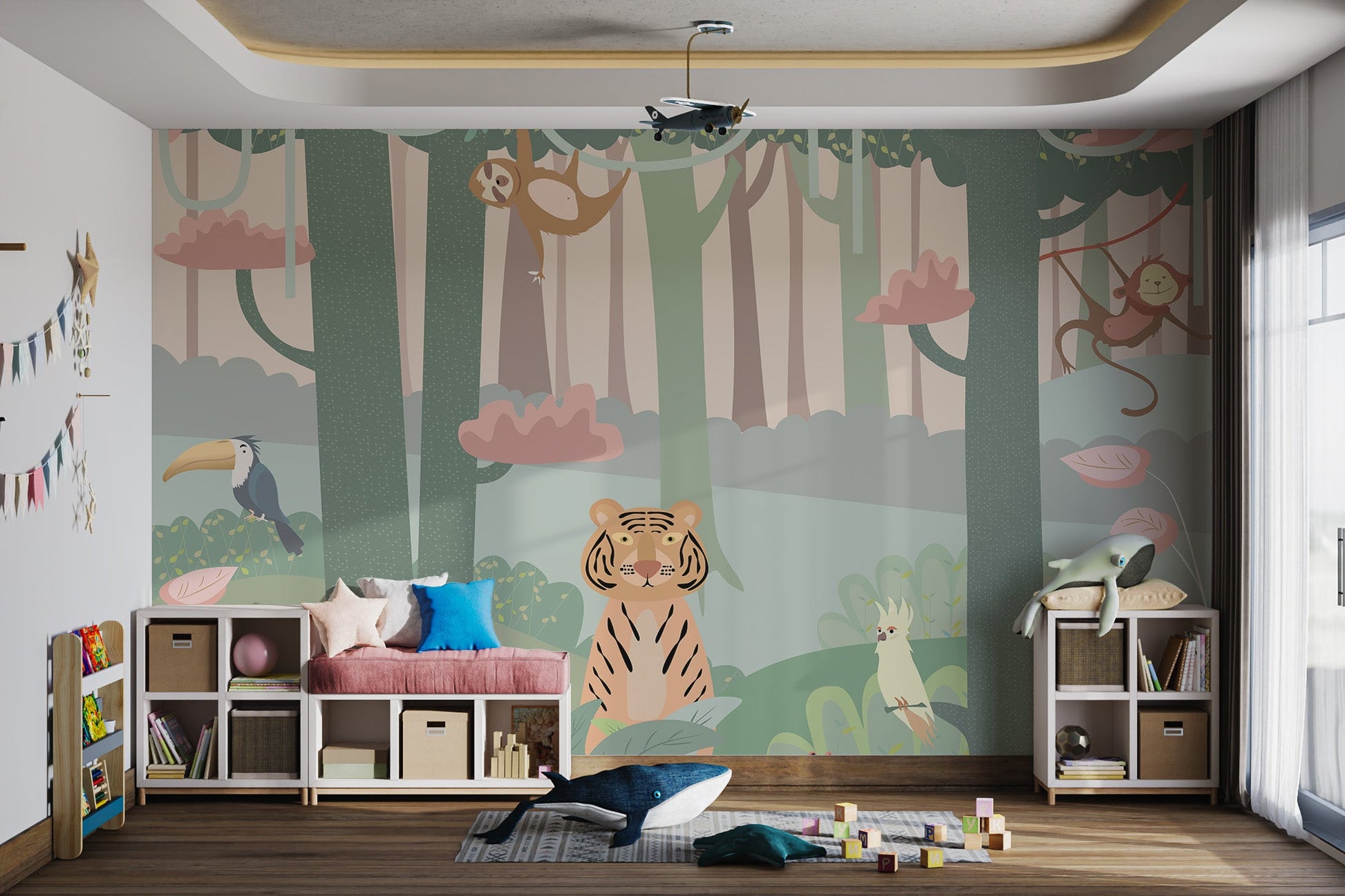Colorful forest mural with happy cartoon animals in children's playroom.