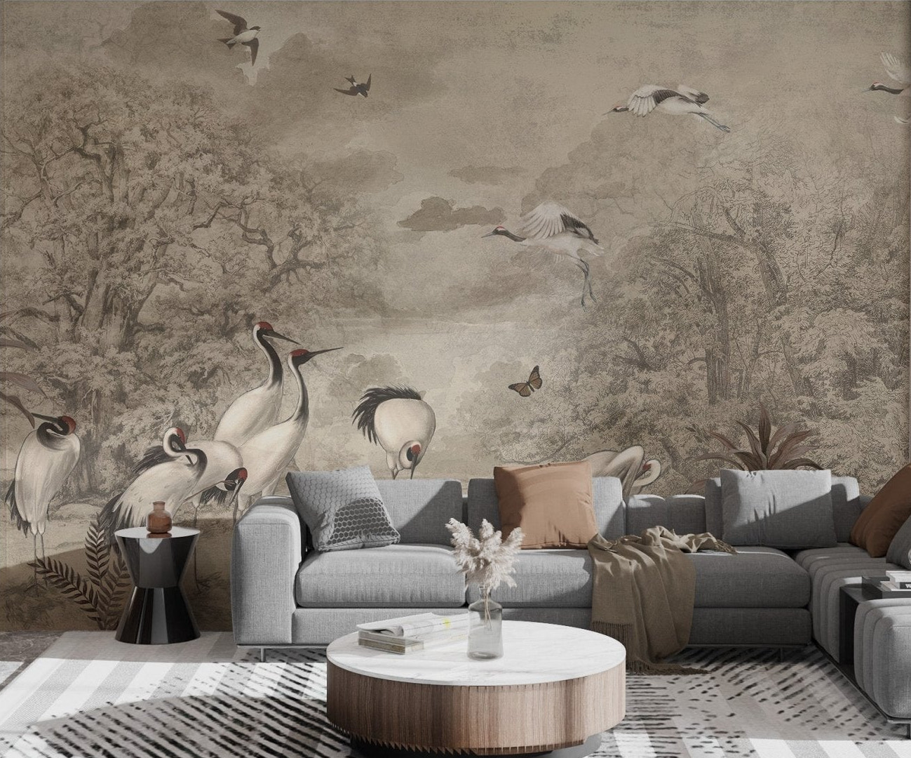 Neutral color tropical bird wall mural for home interior.