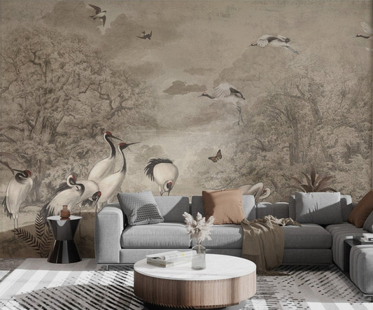 Neutral color tropical bird wall mural for home interior.